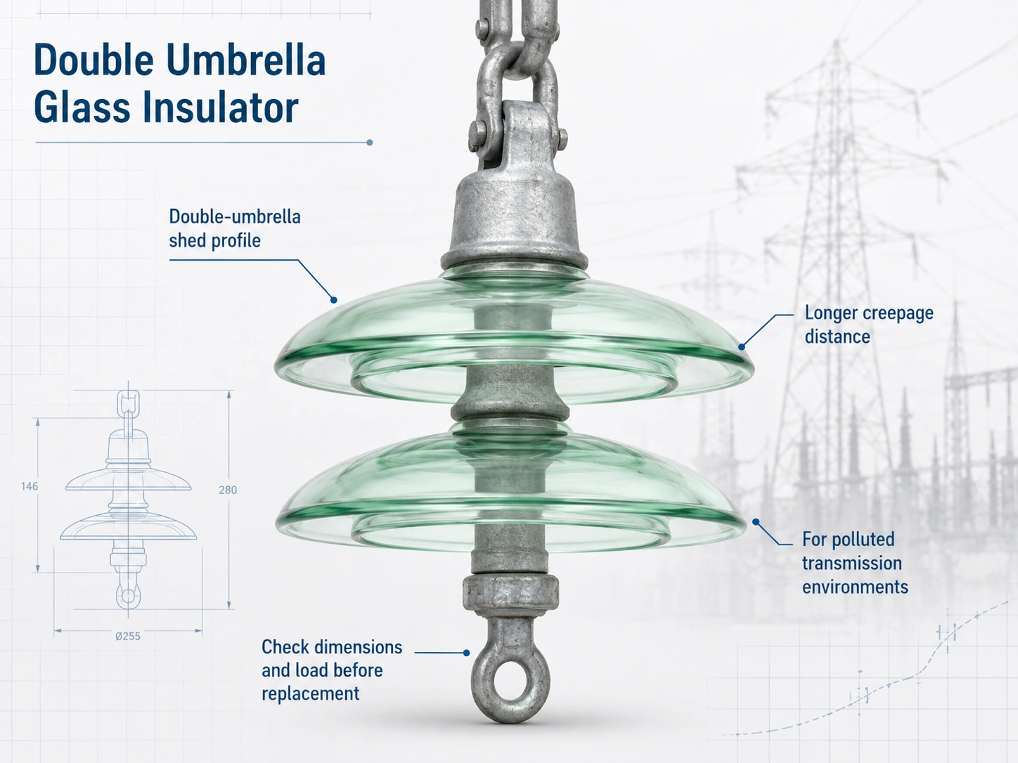 Double umbrella glass insulator showing double shed profile, creepage distance design, and transmission line application