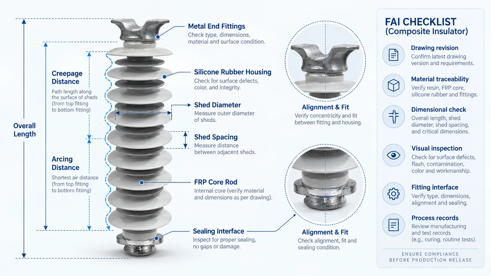 Composite insulator first article inspection diagram showing creepage distance, arcing distance, shed spacing, FRP core and end-fitting checks before mass production