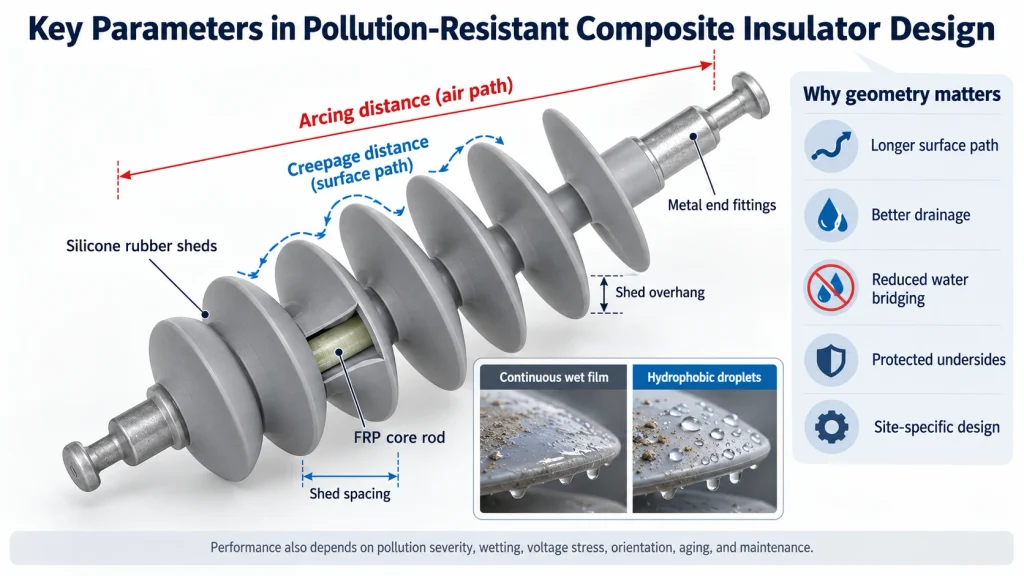 Technical diagram of a composite insulator showing creepage distance, arcing distance, shed geometry, and hydrophobicity for pollution flashover risk reduction